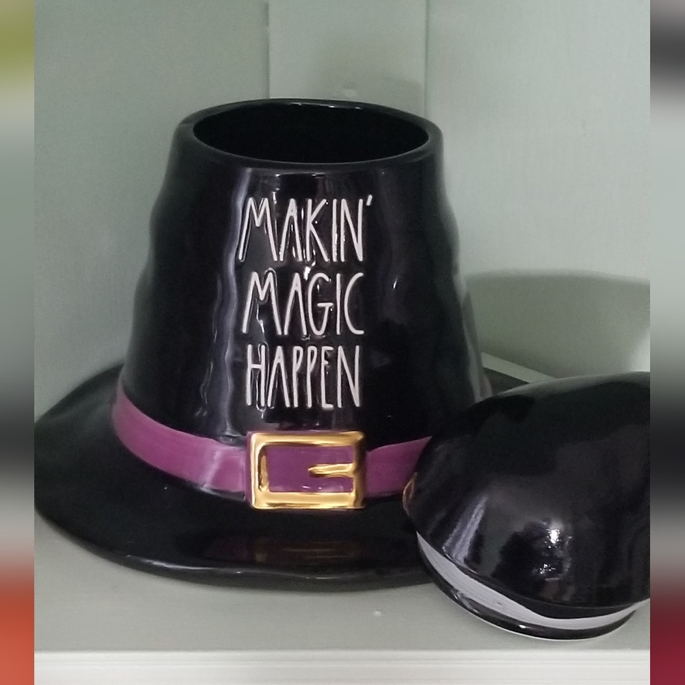 Rae Dunn Makin Magic Happen Black witch hat happy Halloween canister